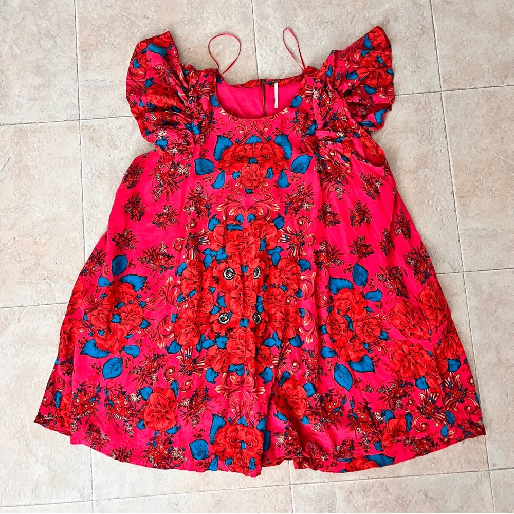 Bohemian Free People Pretty Red and Blue Floral Dress butterfly sleeves lined - Picture 5 of 10